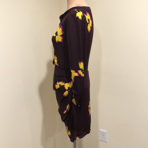 A.L.C Grace Dress Size 4 Dark Brown Silk Floral Cowl Neck Ruched Mini - Picture 5 of 12
